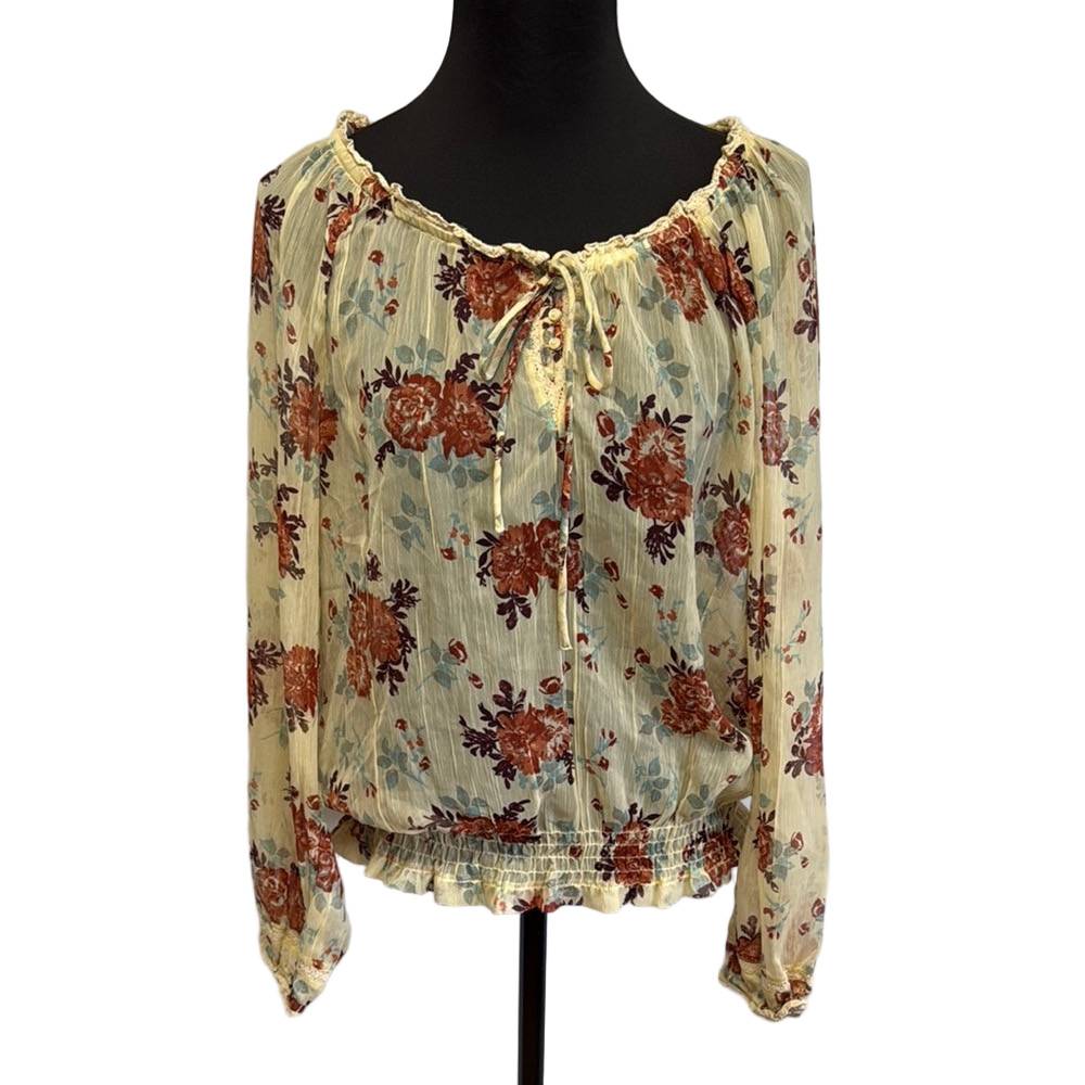 Decree XL Cream Red Floral Blouse Y2K Coquette Peasant Top